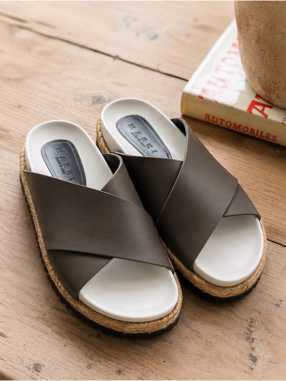 Marni Olive Taupe Leather Crisscross Espadrille Slides